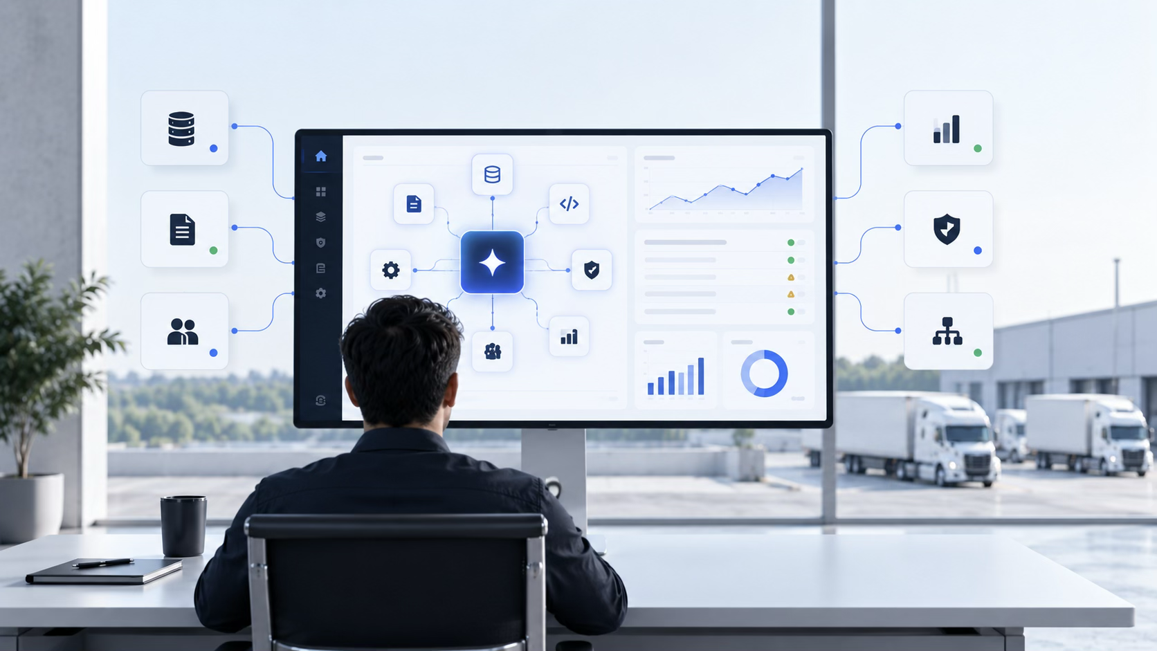 An operator at a wide display showing an AI command center connecting data, documents, people, security, and analytics across a fleet operation
