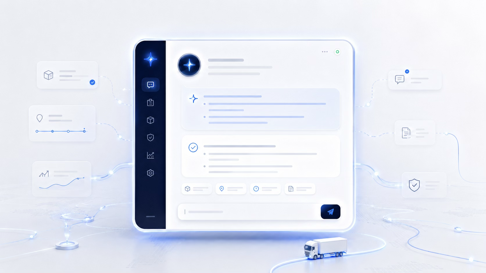An AI operations interface working above connected trucking systems for freight, tracking, documents, and analytics