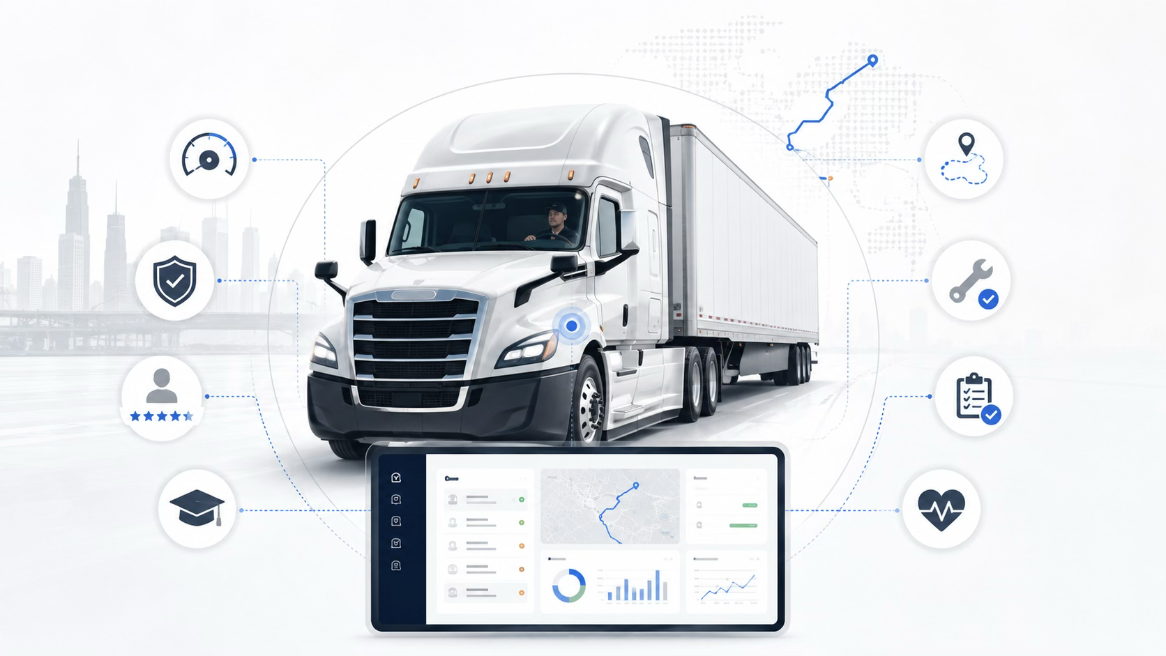 A semi truck ringed by driver management signals for safety, performance, routing, maintenance, compliance, and training, with an operations dashboard below