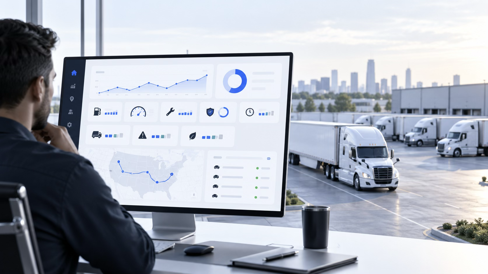 A fleet manager reviewing a KPI dashboard of cost, fuel, utilization, safety, and delivery metrics with trucks staged outside the window