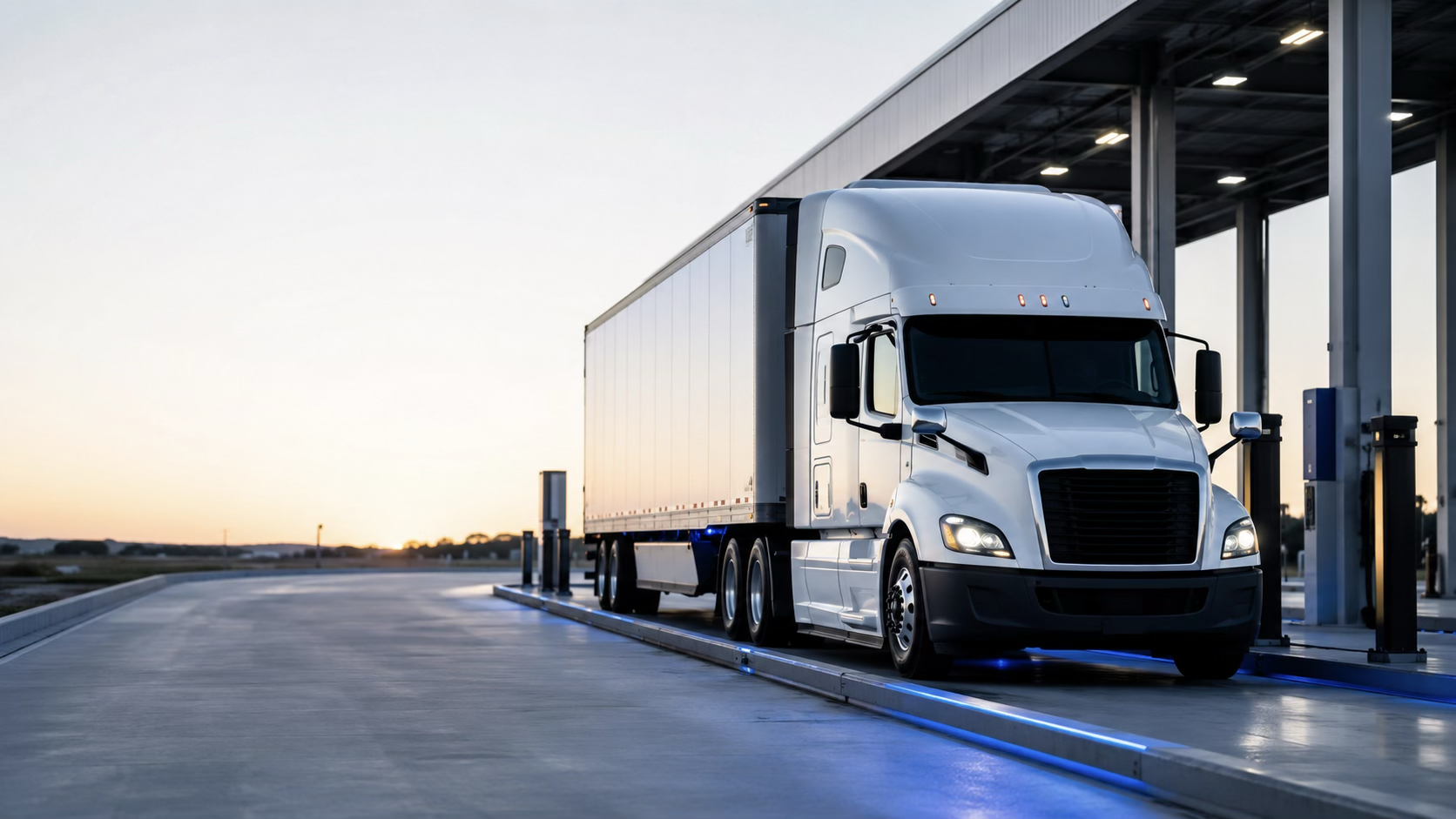 A semi truck at a connected fleet facility at dusk