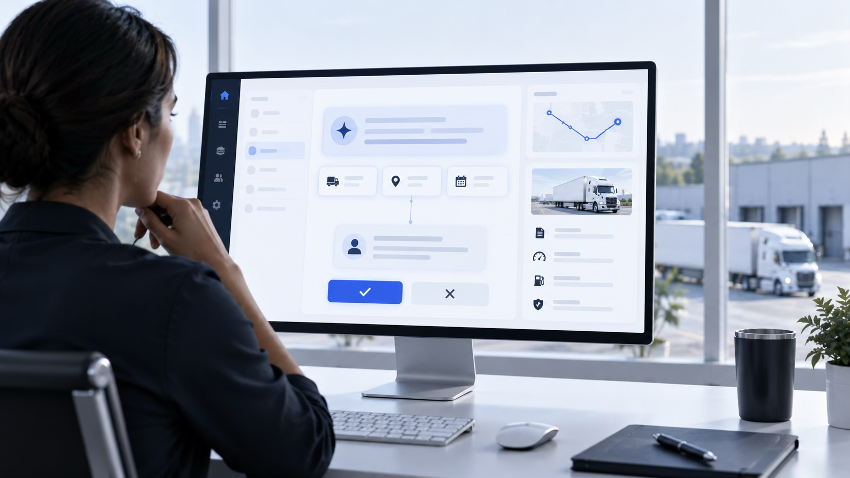 An operations manager reviewing an AI-prepared load action on screen, with approve and reject controls before anything is submitted