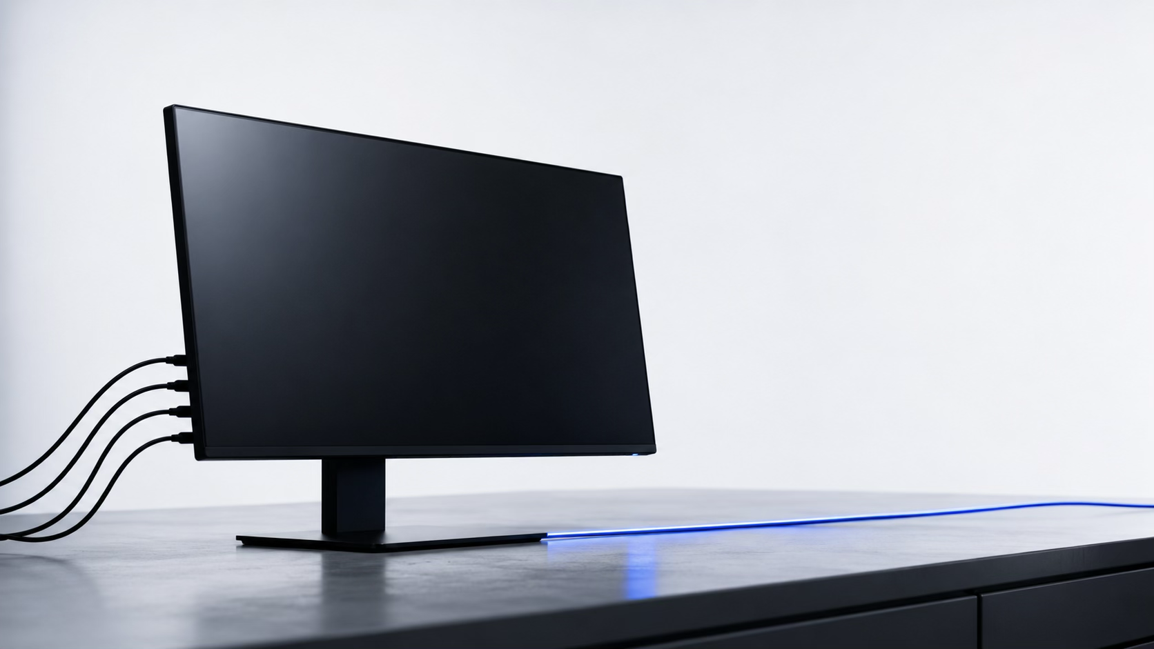 A monitor with many cables feeding in and one connected line out, representing logistics systems unified by one layer
