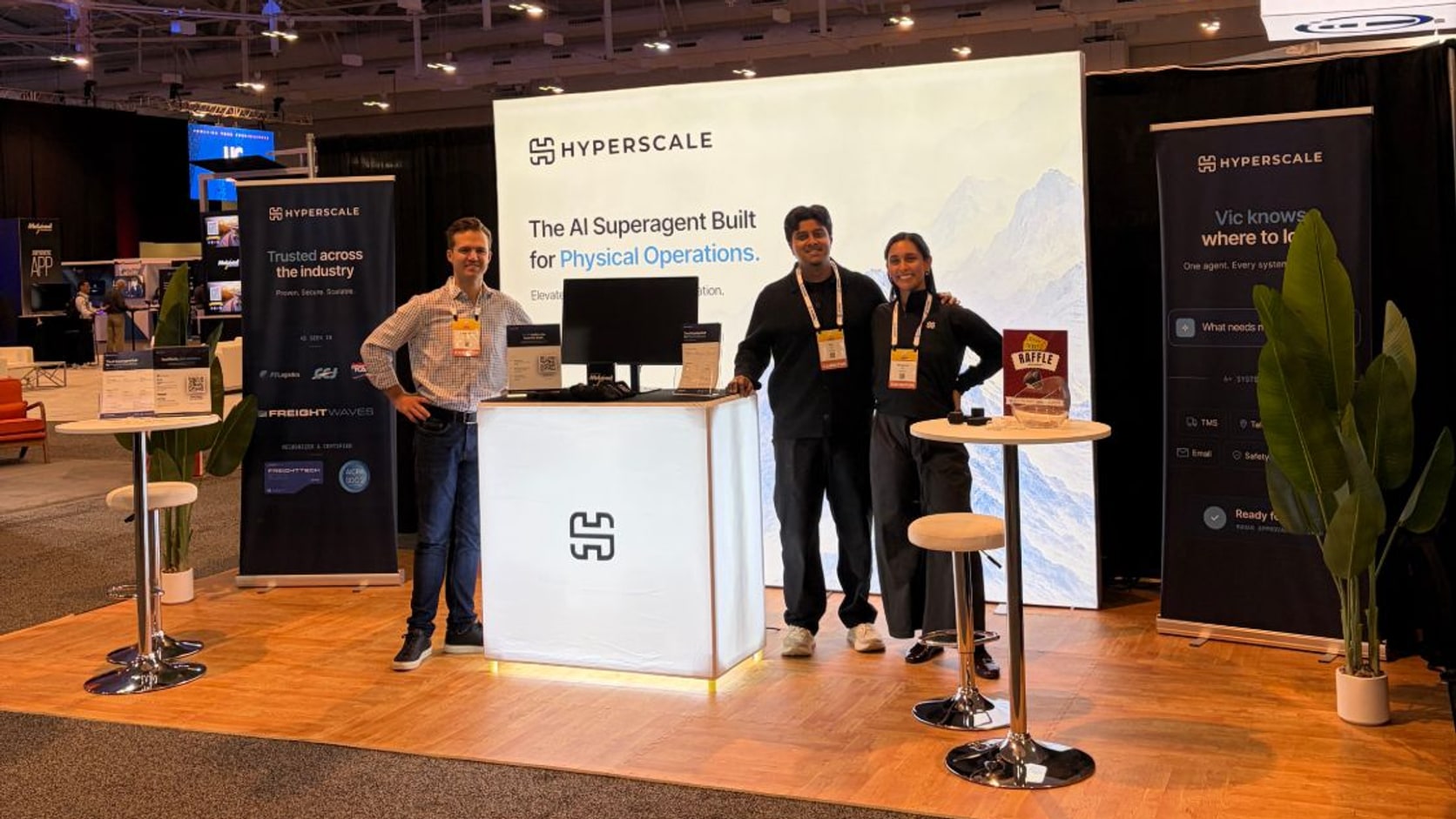 The Hyperscale team at their McLeod User Conference 2026 booth in Nashville, in front of a backdrop reading The AI Superagent Built for Physical Operations